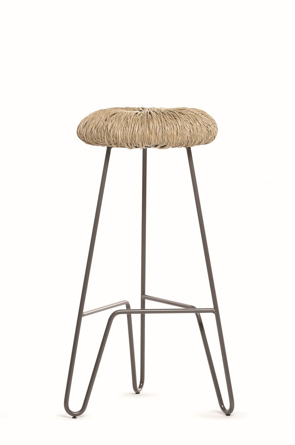 Donut Hocker von Mogg, graues Metallgestell, Sitzfläche aus Naturfaser, Barhocker, H65cm.